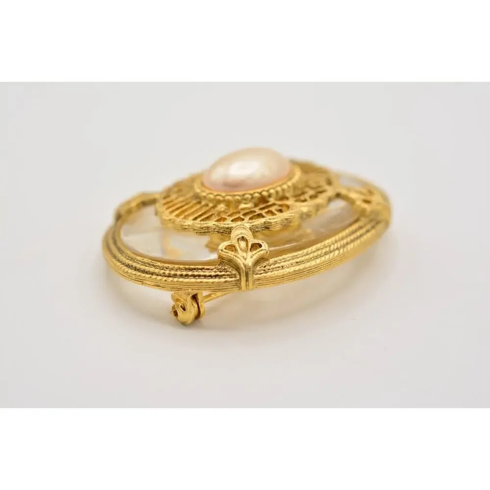 1928 Vintage Clear Lucite Pearl Pin Brooch Oval Antiqued Gold Chunky 1980s BinAL